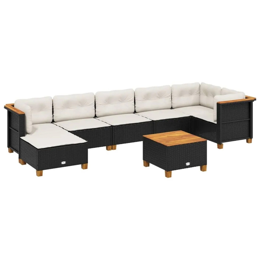 vidaXL 8-tlg Garten-Sofagarnitur in L-Form aus Polyrattan und Akazienholz mit Kissen, Schwarz und Cremeweiß - Bild 2