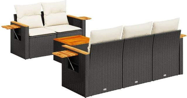 vidaXL 6-teilige Garten-Sofagarnitur aus Poly-Rattan und Akazienholz in Schwarz mit cremeweißen Kissen - Bild 1