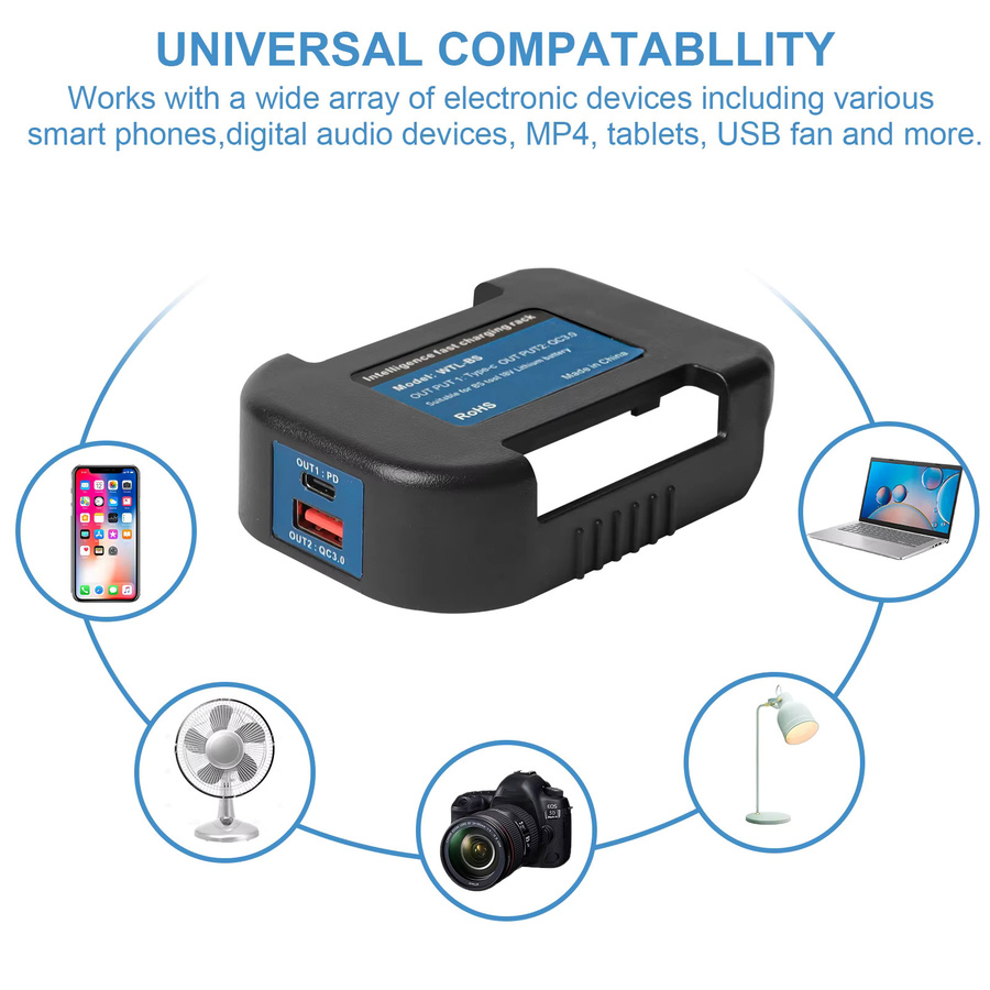PD USB-C Schnellladegerät für Bosch 18V Akku BAT Serie, QC 3.0, 22,5W, Schwarz - Bild 4