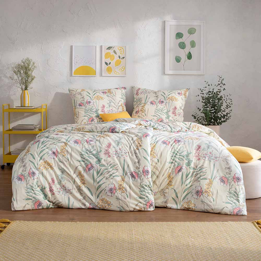 Estella Mako Jersey Bettwäsche Lyra natur Wiesenblumen Gräser, Set bestehend aus Bettbezug und Kissenbezug, B/H: 135 x 200 cm, Kissen: 80 x 80 cm - Bild 1