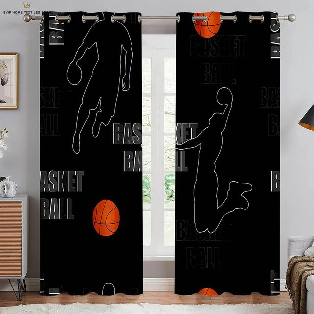 Yiran Furniture Vorhänge mit Basketball-Print in Schwarz, 2er-Set, halbtransparent, Polyester, Breite: 85 cm, Höhe: 200 cm - Bild 1