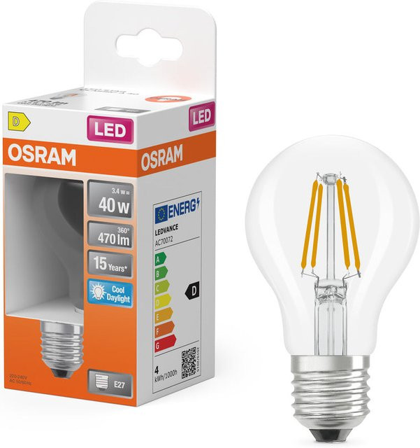 Osram LED Retrofit Classic A Lampe, E27, 4,5W, 470 Lumen, 6500K Kaltweiß, transparent - Bild 1