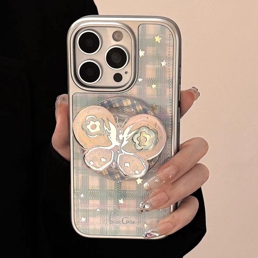 MUQGEW Magnetische iPhone Schutzhülle mit Koreanischem Plaid Sterne und Schmetterling Design in Multicolour, stoßfest für iPhone 17 16 15 14 13 12 Pro Max - Bild 2