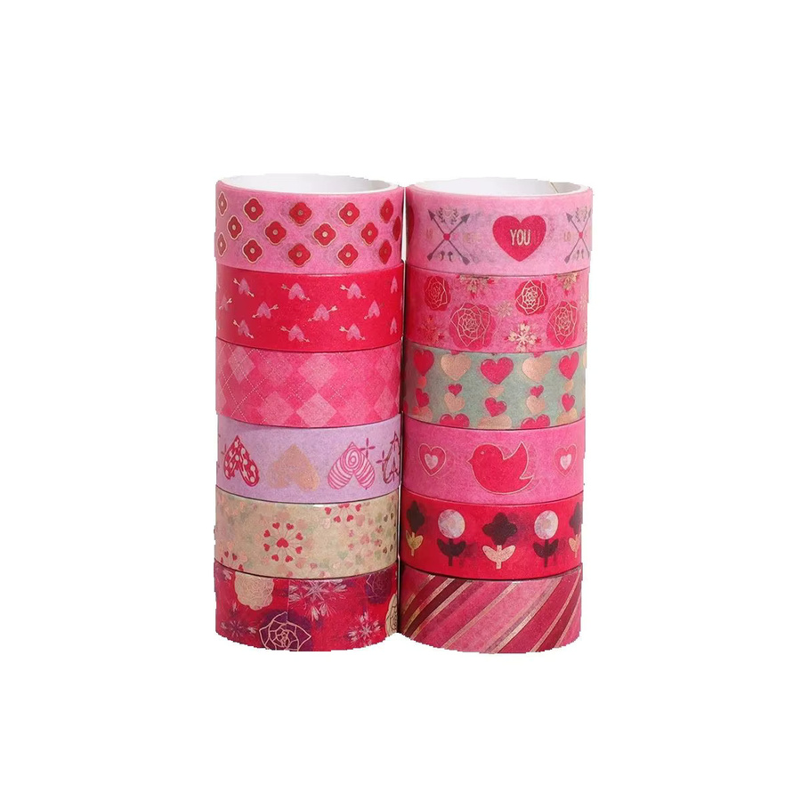 12 Rollen Washi-Tape Valentinstag mit Goldfolie und Blumenherzmuster in Gold und Pink für Journaling und Scrapbooking - Bild 2
