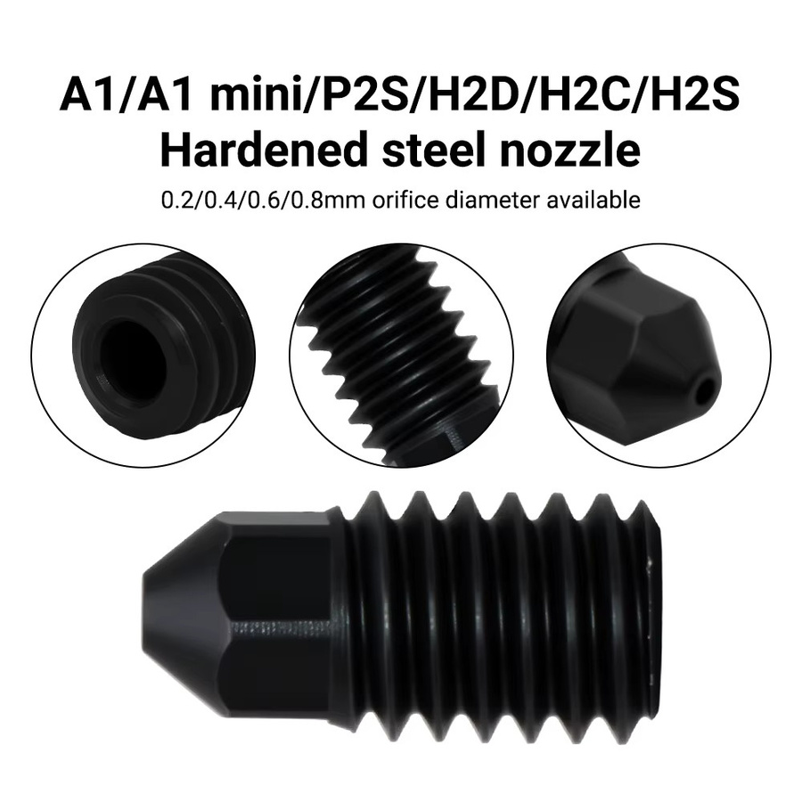 5 Stück Austauschbare Hartstahl Düsen für Bambu Lab A1, A1 Mini, H2D und P2S im Set mit 0,2 mm, 0,4 mm, 0,6 mm und 0,8 mm für dein Hotend Upgrade - Bild 2
