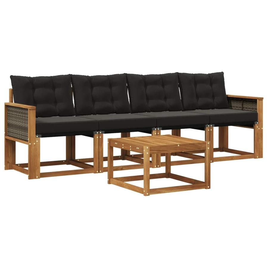 vidaXL Outdoor-Sofagarnitur aus massivem Akazienholz mit Textilene und Kissen in Natur und Schwarz - Bild 2