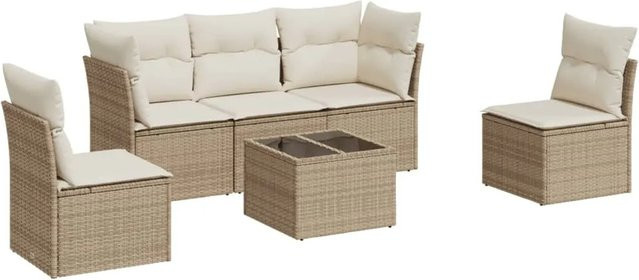 vidaXL 6-teilige Garten-Sofagarnitur in L-Form aus Poly-Rattan in Beige-Creme mit Tisch und Polsterkissen - Bild 1