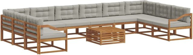 vidaXL Outdoor-Sofagarnitur aus Massivholz in U-Form, 11-teiliges Set mit Kissen, Farbe: Natur und Hellgrau - Bild 1