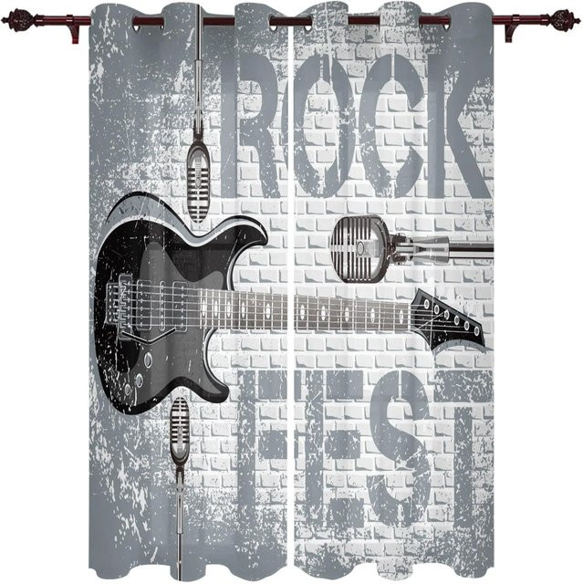 Dekorative Vorhänge mit Musik-Motiv Lautsprecher und Gitarre, grau, halbtransparent, Polyester, Höhe: 130 cm - Bild 1