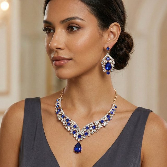 efily bridal Schmuckset, Halskette und Ohrringe, Kristall, Blau, Damen - Bild 1