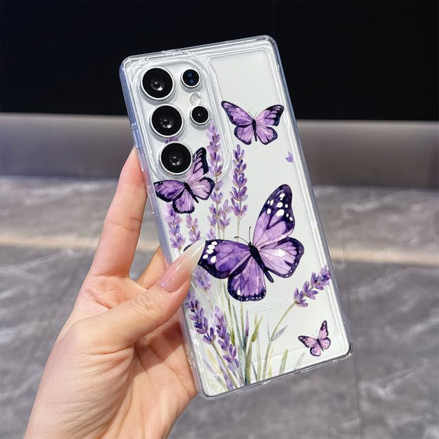 Stoßfeste TPU Slim-Fit Schutzhülle mit Lavendel und lila Schmetterlingen für Samsung Galaxy S26 S25 S24 S23 S22 S21 S20 FE Plus, transparent/lila - Bild 1