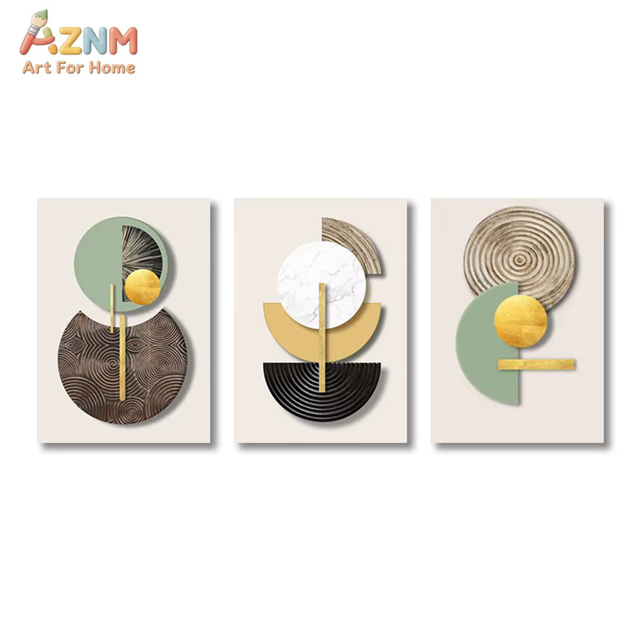 AZNM Wandkunst Set aus 3 Stück, minimalistisches abstraktes Canvas Poster in Grün und Gold mit geometrischen Formen, Marmorstruktur und Wellenlinien - Bild 3