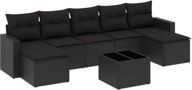 vidaXL 8-tlg. Garten-Sofagarnitur in L-Form aus Poly-Rattan mit Kissen und Couchtisch in Schwarz - Bild 1