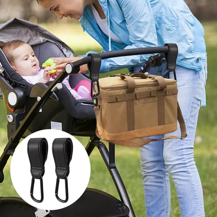 Kinderwagen Organizer aus PU Leder mit Klettverschluss und Schnalle, Windeltasche und Aufhänger für Babywagen, Farbe: Schwarz - Bild 2