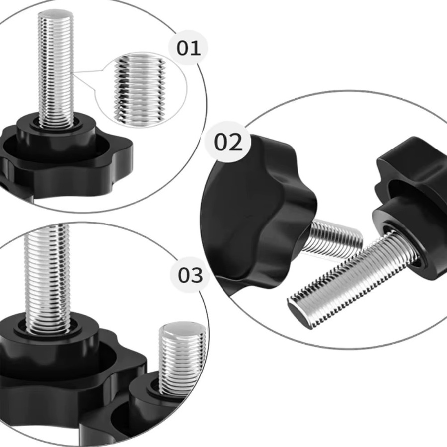 5er Set Handknopfschrauben aus Carbonstahl mit Kunststoff-Stern und M6/M8 Gewinde in Schwarz - Bild 2