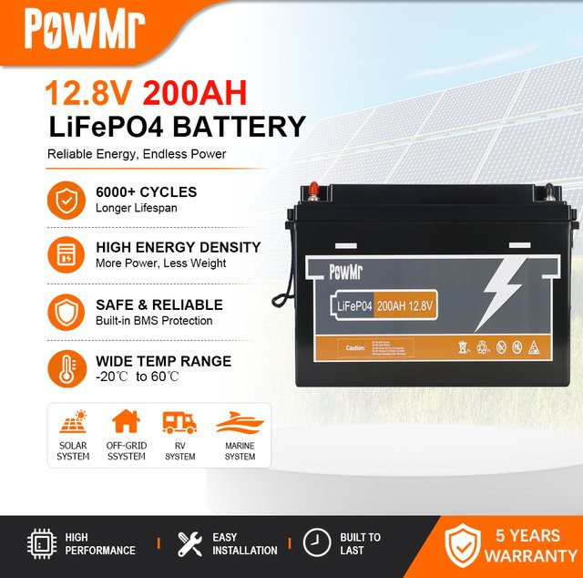 PowMr LiFePO4 Batterie 12,8V 200Ah mit integriertem BMS 2560Wh Deep-Cycle Lithium-Eisenphosphat-Batterie in Schwarz für Solarenergiespeicher, Wohnmobile, Boote, Off-Grid und USV - Bild 1