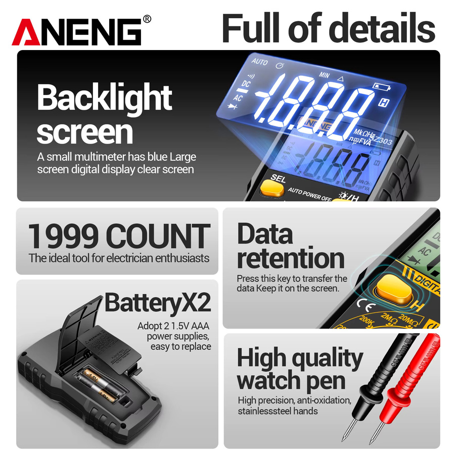 ANENG SZ306 Digitales Multimeter mit 1999 Messungen, 600V AC/DC, 10A DC Strom, Widerstand, NCV und Durchgangsprüfung in Rot und Schwarz - Bild 5