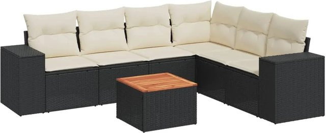 vidaXL 7-teilige Garten-Sofagarnitur in L-Form aus Poly-Rattan und pulverbeschichtetem Stahl mit Kissen in Schwarz-Creme - Bild 1