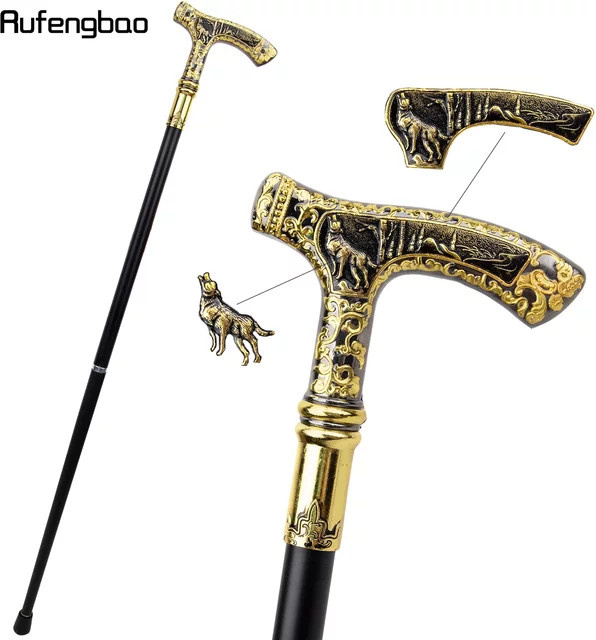 Luxuriöser Wolf-Gehstock von Rufengbao in Gold und Schwarz als dekorativer Bühnenstock für Cosplay und Partys - Bild 1