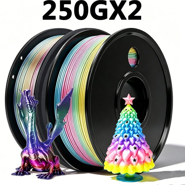 3D Maliang PLA Seide Filament Set in Regenbogen Macaron und Regenbogen Universum, 1,75 mm, 2 x 250 g - Bild 1