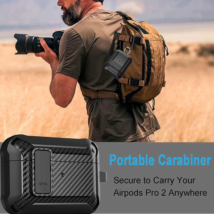 Carbon Fiber Hard Shell Case für AirPods Pro 2. Generation mit Secure Lock Clip und Schlüsselanhänger, Schwarz - Bild 5