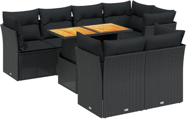 vidaXL 8-teilige Garten-Sofagarnitur in L-Form aus Polyrattan und Akazienholz mit Kissen, Schwarz - Bild 1