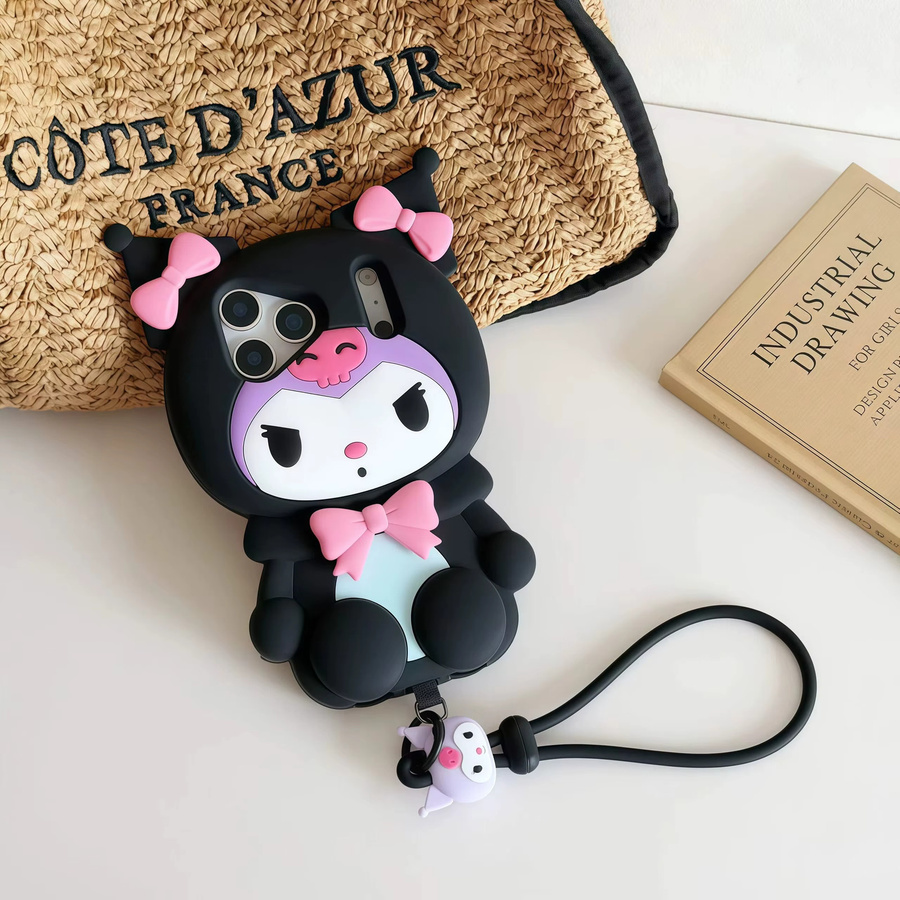Sanrio Kuromi Handyhülle mit 3D Cartoon Design und Beinhalterung für iPhone, Schwarz - Bild 2