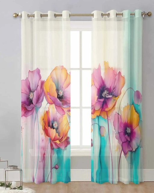 Yiran Furniture Transparente Voile Tüll Vorhänge mit Aquarell Blumen Pflanzen und Schmetterlingen, 2er-Set, Mehrfarbig, B: 65 cm, H: 60 cm - Bild 1