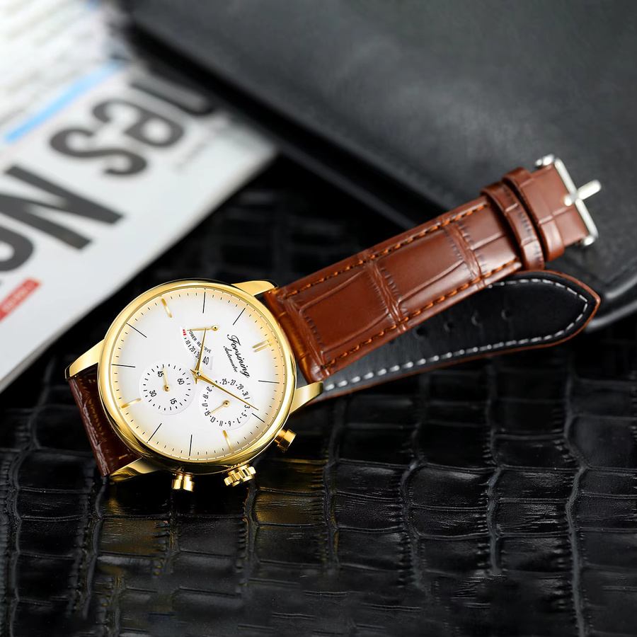 FOSINING Armbanduhr Automatik, Leder, Gold, Herren - Bild 5
