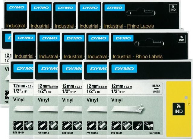 DYMO Schriftband 10er Set 18444 mit 12 mm Breite und 5,5 m Länge, Farbe Weiß mit schwarzer Schrift - Bild 1