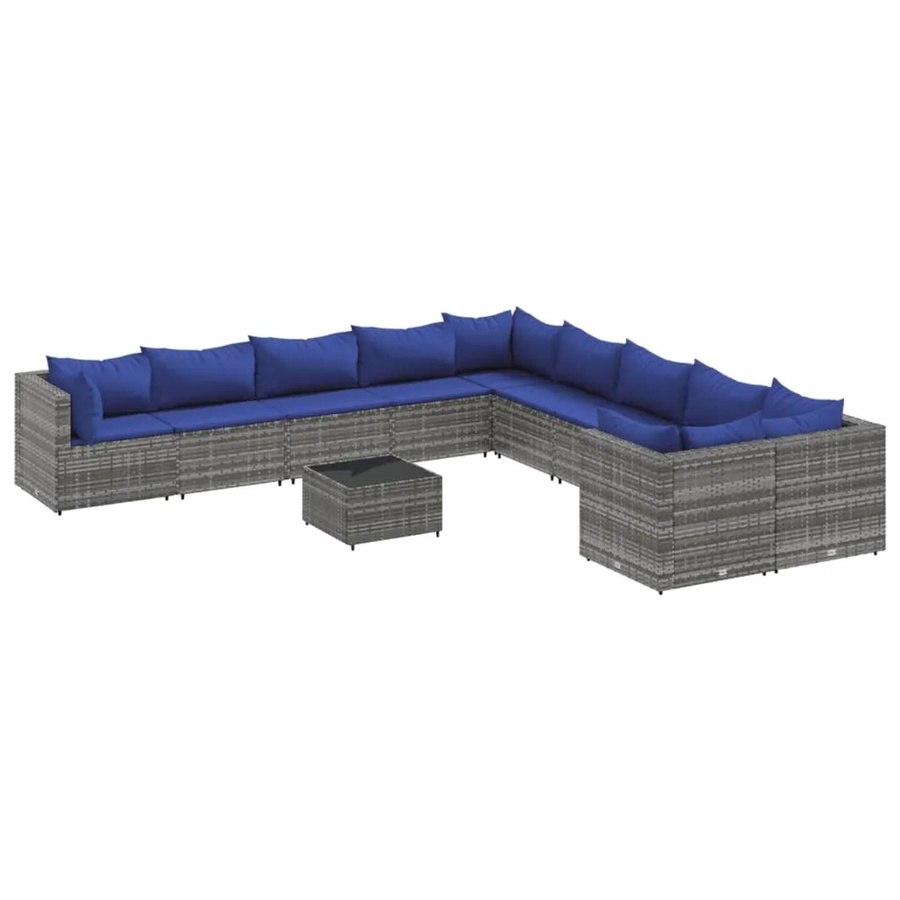 vidaXL 11-tlg. Garten-Sofagarnitur aus Poly Rattan in L-Form mit Kissen und Couchtisch, Grau/Blau - Bild 2