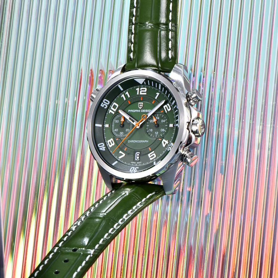 Pagani Design Chronograph, Quarz, Edelstahl, Leder, Grün, Herren - Bild 3