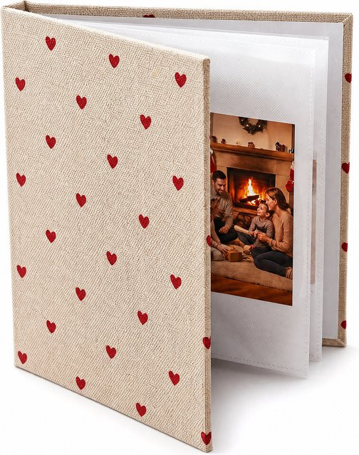 Leinen-Fotoalbum Scrapbook in Beige und Rot für 100 Bilder im Format 4x6 als Erinnerungsbuch für Hochzeit, Baby, Familie und Reisen - Bild 1