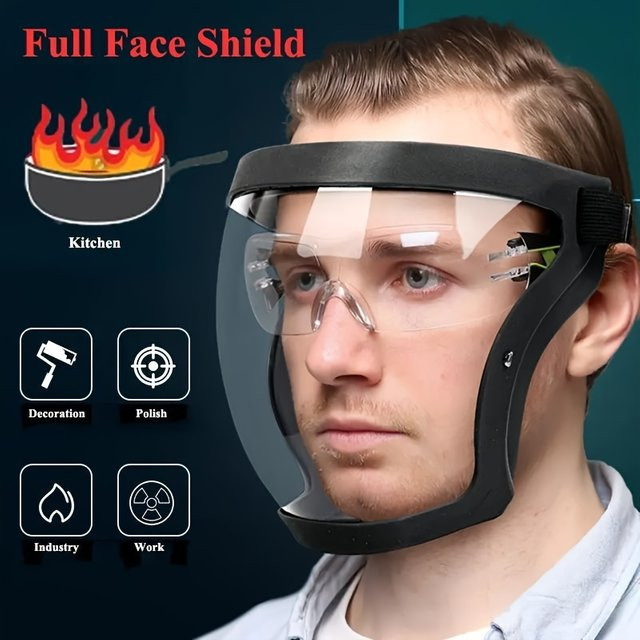 Transparente Vollgesichts-Schutzmaske mit verstellbarer Schnalle in Schwarz, wiederverwendbarer und hitzebeständiger Gesichtsschutz, B/T/H: 18,5 x 17,5 x 10,0 cm - Bild 1