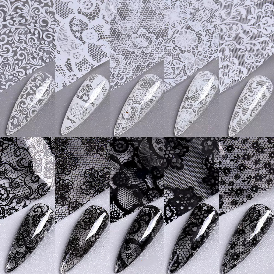 Nagelkunst-Transferfolie, schwarz-weiß, Spitzenmuster, 10 Stück - Bild 2
