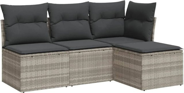 vidaXL 4-tlg Garten-Sofagarnitur in L-Form mit Kissen und Ottoman, Hellgrau, Poly Rattan und Metallrahmen - Bild 1