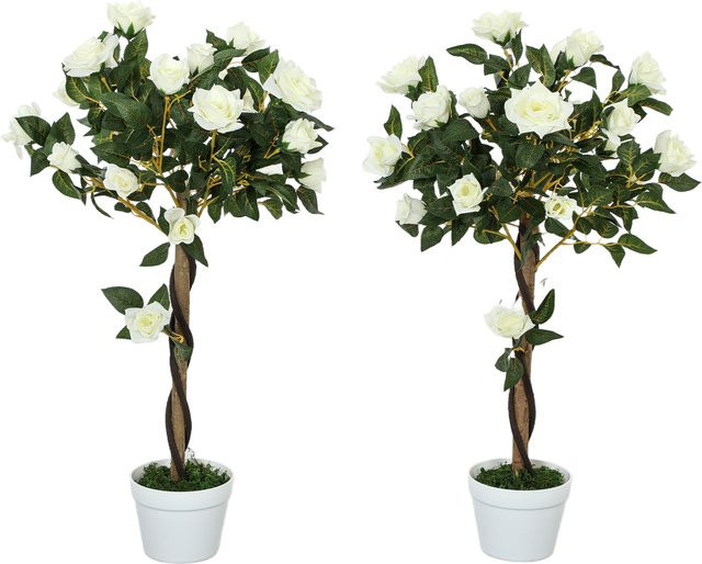Outsunny künstliche Rosenpflanzen in Weiß, Rosenbaum im Topf mit einer Höhe von 90 cm zur modernen Dekoration - Bild 1