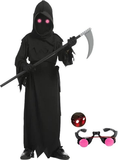 Halloween Rotes Auge Sensenmann Kostüm, Kapuzenmantel, Sense, Handschuhe, Schwarz - Bild 1