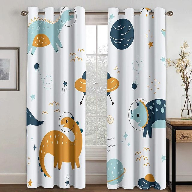 Yiran Furniture Dinosaurier Vorhänge für Kinder, Bunt Safari Wildtiere Design, Polyester, halbtransparent, 2er-Set, Breite: 60 cm, Höhe: 60 cm - Bild 1