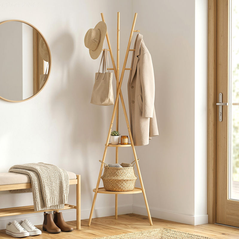 HOMCOM Moderner Garderobenständer aus Bambus mit 2 Regalböden und 9 Haken in Natur/Beige - Bild 2