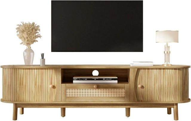okwish TV Schrank aus Massivholz und Rattan mit Türen und Schubladen, Natur, B: 165 cm, T: 46 cm, H: 37 cm - Bild 1