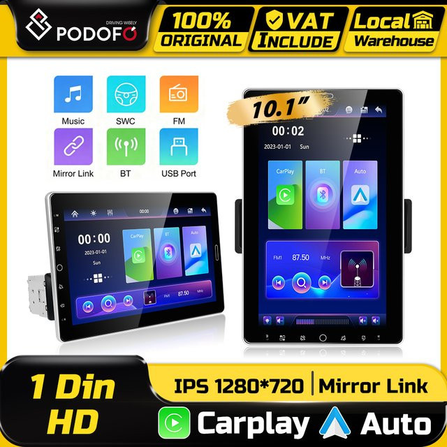 Podofo 1 DIN CarPlay Autoradio mit 10,1 Zoll drehbarem Touchscreen, Android Auto, Mirror Link und Bluetooth in Schwarz - Bild 1