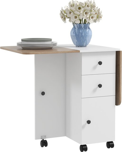 HOMCOM Klappbarer Küchentisch Esstisch mit 2 klappbaren Tabletts, 2 Schubladen, 1 Schrank und 1 Ablagefach in Weiß und Eiche, B/T/H: 120 x 60 x 76,5 cm - Bild 1