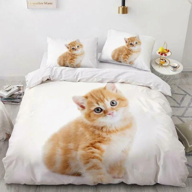 Bettbezug-Set mit Katzen-Motiv von Your Warm Home, 2-teiliges Set aus Polyester für Kinder in Weiß, Bettbezug 133 x 70 cm und 2 Kissenbezüge 50 x 70 cm - Bild 1