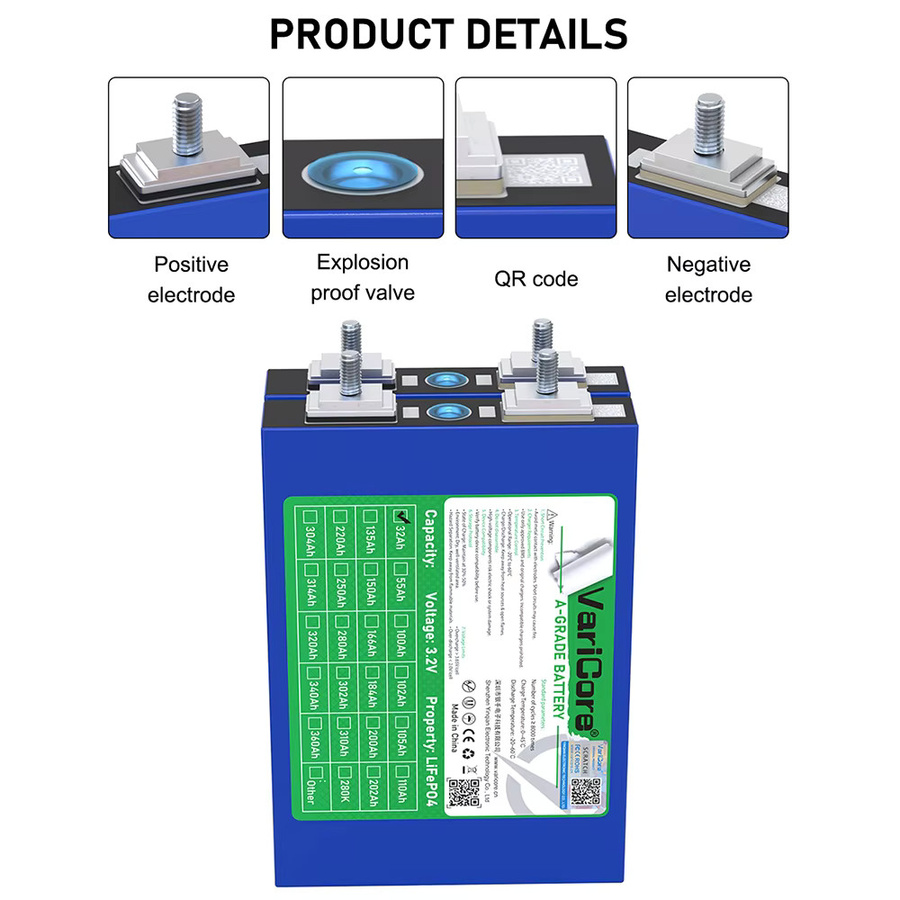 VariCore A-Grade LiFePO4 Batteriezelle 3,2V 32Ah 102,4Wh Wiederaufladbare Lithium-Eisenphosphat-Batterie in Blau für Wohnmobil-Solarsysteme, Golfwagen und Outdoor-Energiespeicher - Bild 2