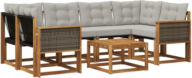 vidaXL Outdoor-Sofagarnitur L-Form aus Akazienholz mit 7 Textilene-Kissen in Grau und Natur - Bild 1