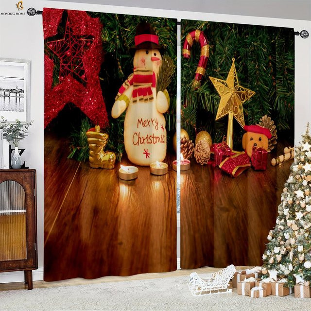 2er-Set Weihnachtsvorhänge mit Weihnachtsmann, Schneeflocken und Kugeln in 3D-Design, halbtransparent, mehrfarbig, B: 50 cm, H: 130 cm - Bild 1