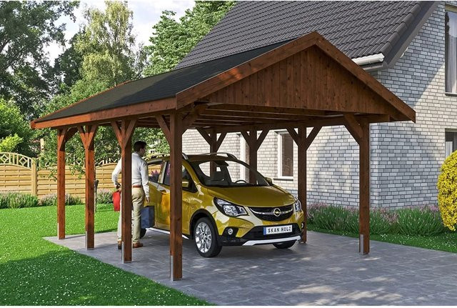 SKANHOLZ Carport Wallgau in Nussbaum mit schwarzen Schindeln B/T: 430 x 600 cm, Höhe: 326 cm - Bild 1