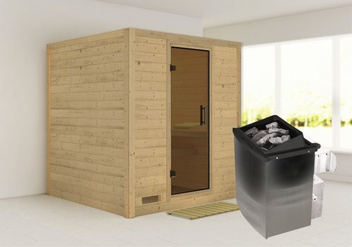 Karibu Sauna Sindi aus Fichtenholz mit 9 kW Saunaofen und integrierter Steuerung für 4 Personen, beige - Bild 1