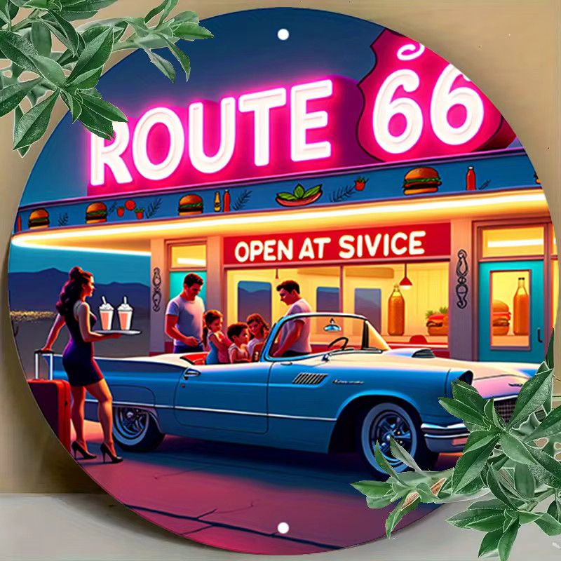 Route 66 Vintage Neonschild von Potdemiel – Runde Wandkunst aus Aluminium mit klassischer Auto- und Dinner-Szene im Retro-Design - Bild 5